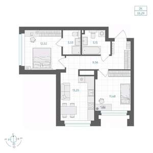 2-к квартира, вторичка, 55м2, 23/30 этаж