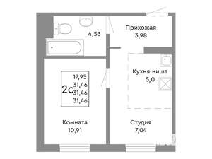 2-к квартира, строящийся дом, 31м2, 1/10 этаж