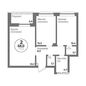 2-к квартира, строящийся дом, 68м2, 2/22 этаж