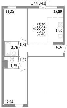 3-к квартира, строящийся дом, 56м2, 5/10 этаж