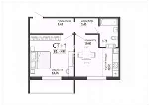 1-к квартира, вторичка, 51м2, 4/10 этаж