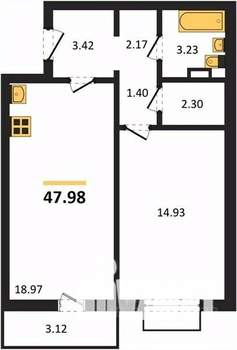 1-к квартира, вторичка, 48м2, 1/9 этаж
