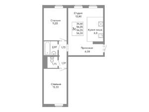 3-к квартира, строящийся дом, 56м2, 2/10 этаж