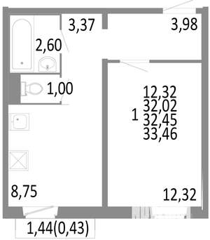 1-к квартира, строящийся дом, 32м2, 6/10 этаж