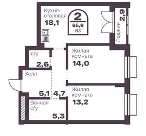 2-к квартира, вторичка, 63м2, 18/8 этаж
