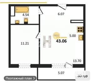 1-к квартира, вторичка, 43м2, 3/10 этаж