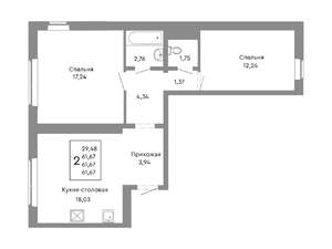2-к квартира, строящийся дом, 62м2, 2/10 этаж
