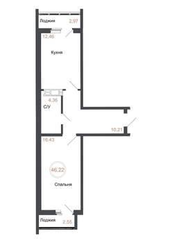 1-к квартира, вторичка, 46м2, 12/16 этаж