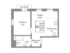 2-к квартира, строящийся дом, 37м2, 3/10 этаж