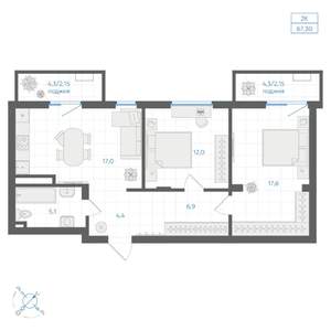 2-к квартира, вторичка, 67м2, 4/8 этаж