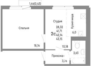 2-к квартира, строящийся дом, 42м2, 6/10 этаж