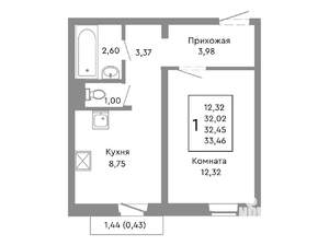 1-к квартира, строящийся дом, 32м2, 7/10 этаж