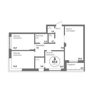 3-к квартира, строящийся дом, 91м2, 2/22 этаж