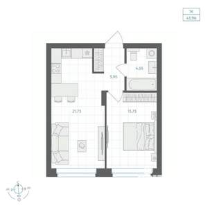 1-к квартира, вторичка, 44м2, 17/30 этаж