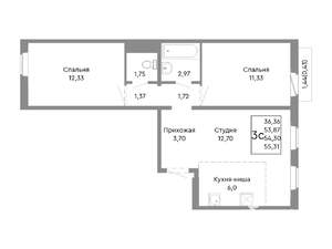 3-к квартира, строящийся дом, 54м2, 6/10 этаж