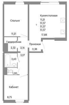 2-к квартира, строящийся дом, 52м2, 1/10 этаж