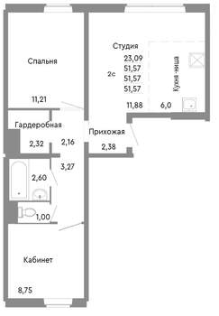 2-к квартира, строящийся дом, 52м2, 1/10 этаж