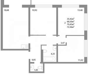 3-к квартира, вторичка, 70м2, 2/16 этаж