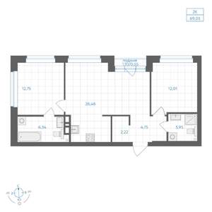 3-к квартира, вторичка, 69м2, 22/30 этаж