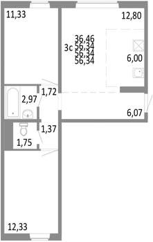 3-к квартира, строящийся дом, 56м2, 2/10 этаж