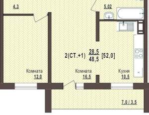 2-к квартира, вторичка, 52м2, 7/10 этаж