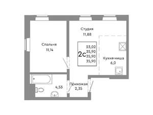 2-к квартира, строящийся дом, 36м2, 2/10 этаж