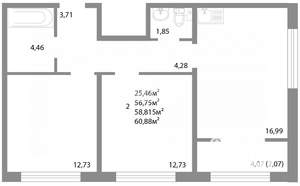 2-к квартира, сданный дом, 61м2, 5/17 этаж