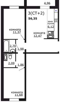 3-к квартира, вторичка, 56м2, 15/18 этаж