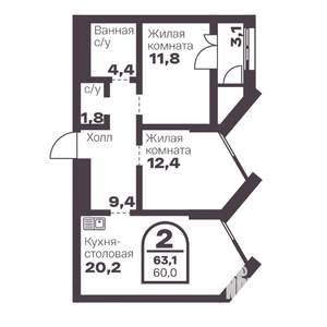 2-к квартира, вторичка, 60м2, 2/24 этаж