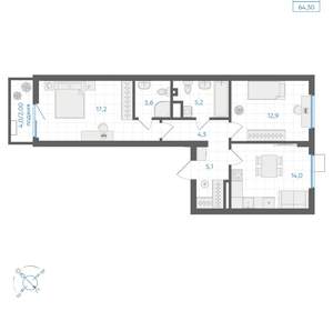2-к квартира, вторичка, 64м2, 8/18 этаж