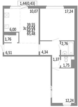 3-к квартира, строящийся дом, 64м2, 10/10 этаж