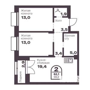 2-к квартира, вторичка, 59м2, 5/24 этаж