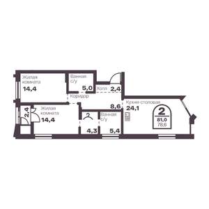 2-к квартира, вторичка, 79м2, 22/24 этаж