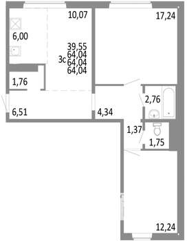 3-к квартира, строящийся дом, 64м2, 2/10 этаж