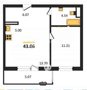 1-к квартира, сданный дом, 43м2, 8/10 этаж