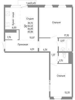 3-к квартира, строящийся дом, 65м2, 8/10 этаж