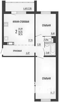 2-к квартира, вторичка, 56м2, 16/17 этаж