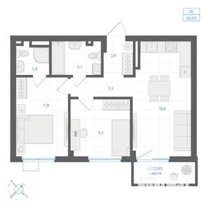 2-к квартира, вторичка, 56м2, 6/10 этаж