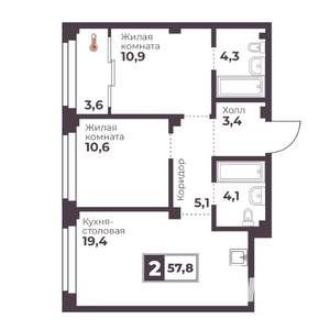 2-к квартира, строящийся дом, 58м2, 15/18 этаж